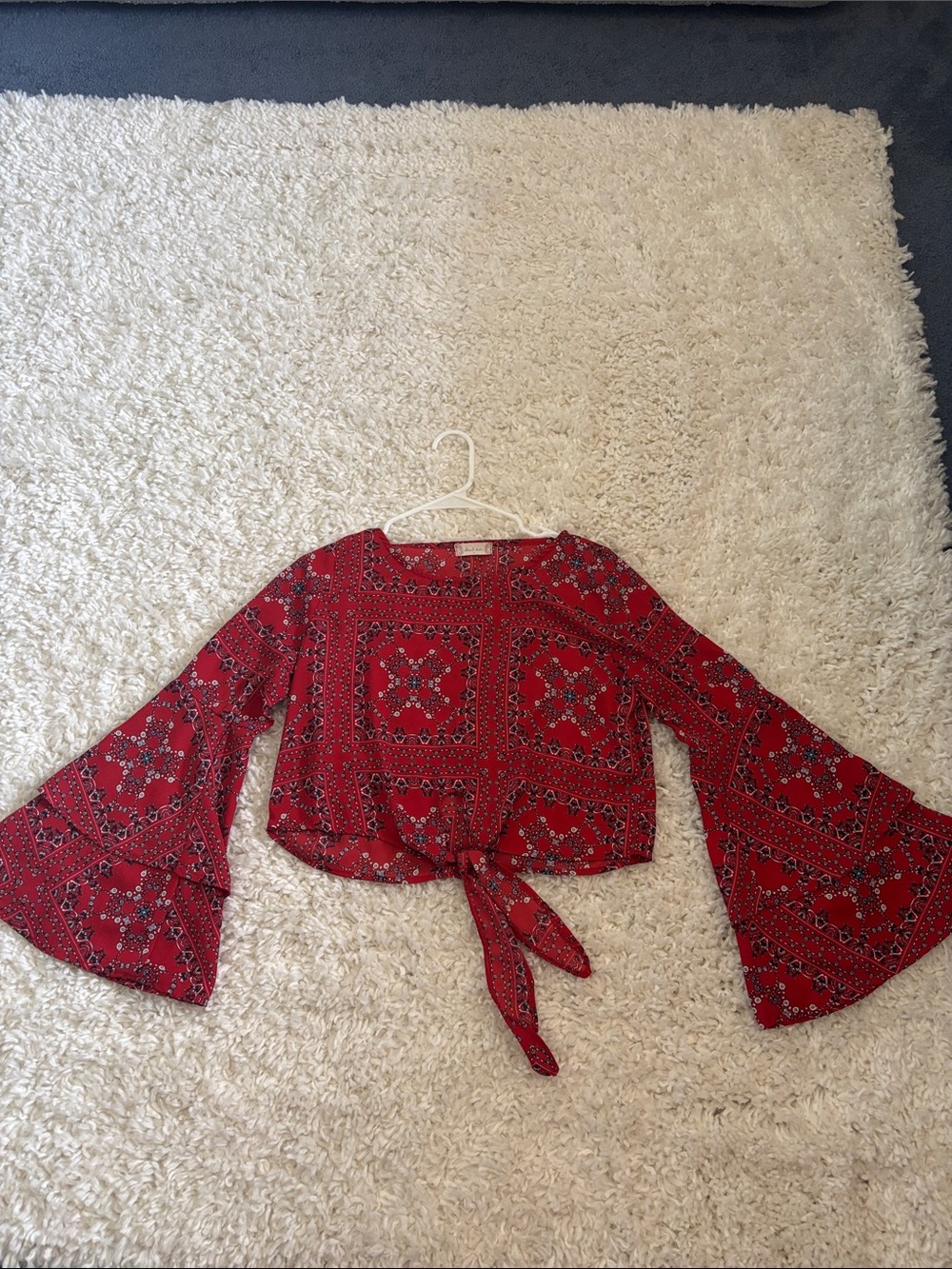 Altar'd State Red Bandana-Print Tie-Front Bell-Sleeve Crop Top